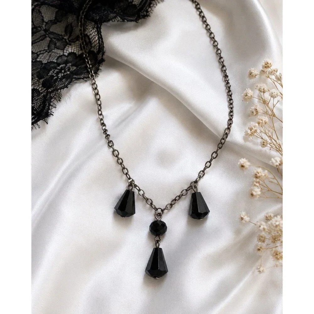 Emily Ray Sterling Silver 925 Black Crystal Station Necklace Victorian Gothic
